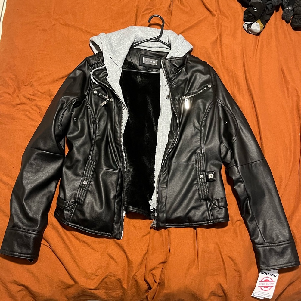 NWT!! Leather jacket with removable hoodie Jou Jou
